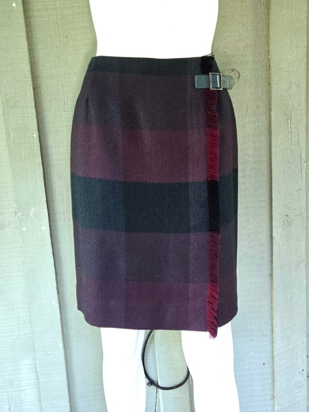 CARLISLE Burgundy Green Plaid Wool Skirt 6